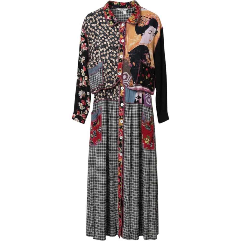 Vintage Surya Womens Patchwork Geisha Floral Plaid Rayon‎ Dress Top Set Y2K